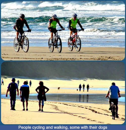 Walking and cycling on the beach at low tide Walking and cycling on the beach at low tide