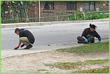 Helpers weeding pedestrian paths