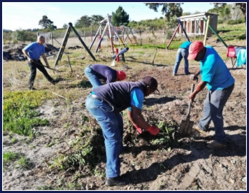 Helpers clearing the overgrown grass and ground