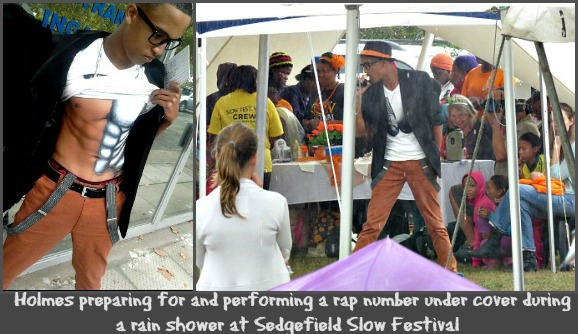 Holmes performing a Rap number at Sedgefield Slow Festival Holmes performing a Rap number at Sedgefield Slow Festival