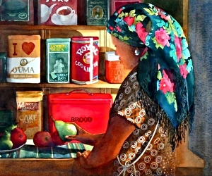 Maid in a kitchen with a display of tins behind her