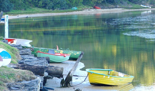 Boats rest in morning tranquillity at the Kingfisher Drive launch-site on Swartvlei Estuary.