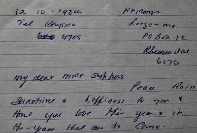 Bob Morris's handwritten letter to Ensle Syphus dated  12 October 1984