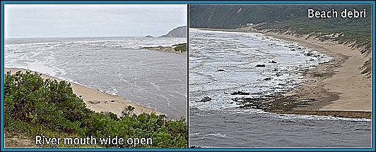 Debris on the beach from rough seas and from  waste washed up after the mouth opened