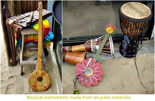 Musical instruments made from recycled materials. Musical instruments made from recycled materials.