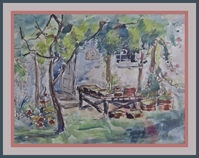 A painting of Marjorie's kitchen garden A painting of Marjorie's kitchen garden