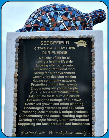 Slow Town pledge Sedgefield Slow Town Pledge on the Tortoise Pillar