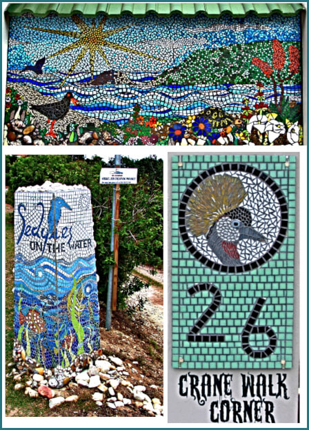 Examples of the Mosaic Project artworks - a frieze, a BNB sign and a Street number.