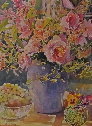 Artist Sue Kemp's watercolour, a vase of flowers