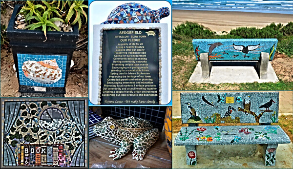 Benches, plant-holder, frog, library frieze and tortoise are some examples of mosaic artworks around Sedgefield.