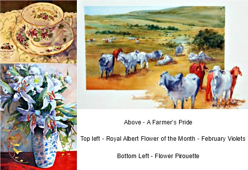 3 watercolour paintings - a vase of lilies, Afrikander cattle in a field, Royal Albert February birthday cup.